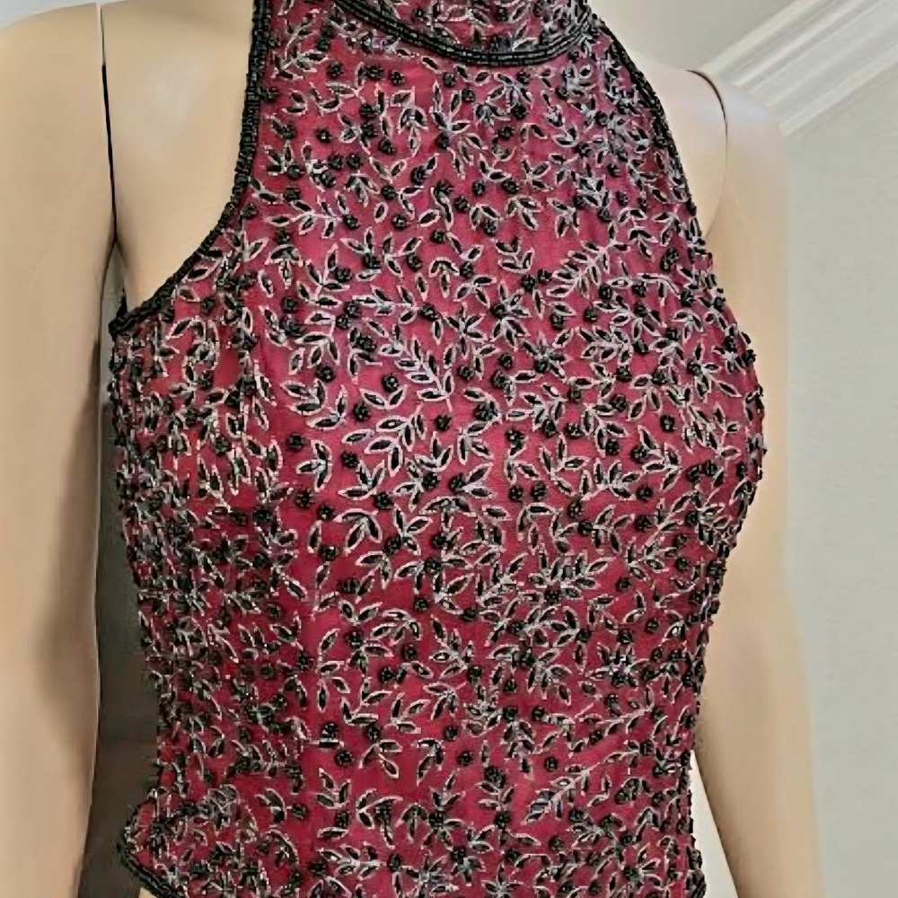 Vintage Beaded Silk Halter Top 90s Sequin Formal Papell 🥀 🖤